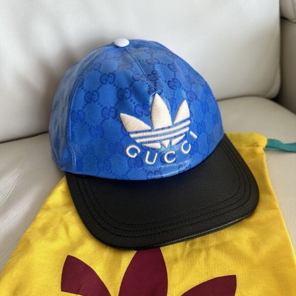 NEW Gucci x Adidas GG LOGO Supreme Baseball Cap Hat Blue Black Canvas Unisex XS - Picture 1 of 8